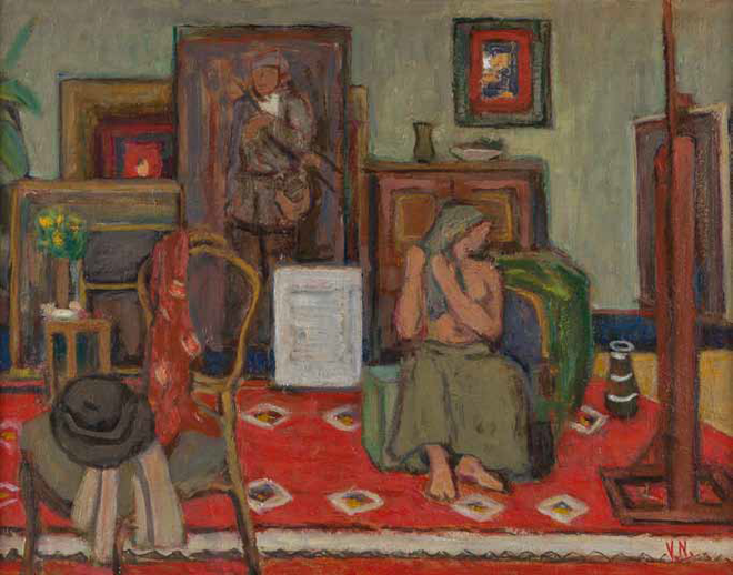 Nande Vidmar: <em>Interier s sedečo žensko</em>, 1955, olje na lesonitu
