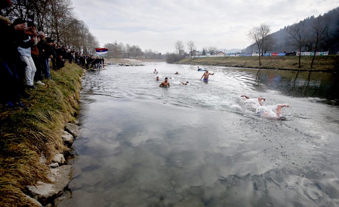 Za križ plavajo proti toku, Savinja je imela 4,2 stopinji Celzija. FOTO: Roman Šipić/Delo