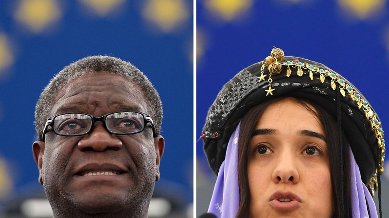 Fotografija: Oba dobitnika sta po mnenju odbora za podelitev Nobelove nagrade za mir tvegala svoji življenji zato, da sta se pogumno borila proti vojnim zločinom. FOTO: Frederick FLORIN / AFP