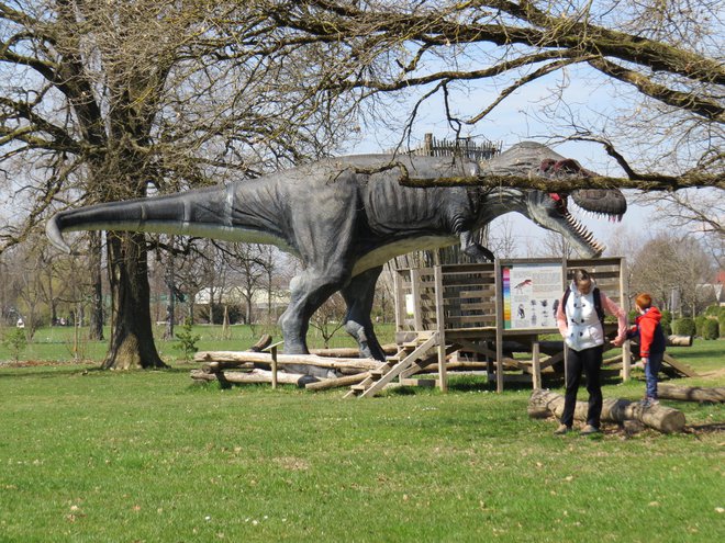 V parku ostajajo na ogled dinozavri v naravni velikosti, ki jih v spremstvu staršev radi občudujejo tudi otroci. FOTO: Bojan Rajšek/Delo