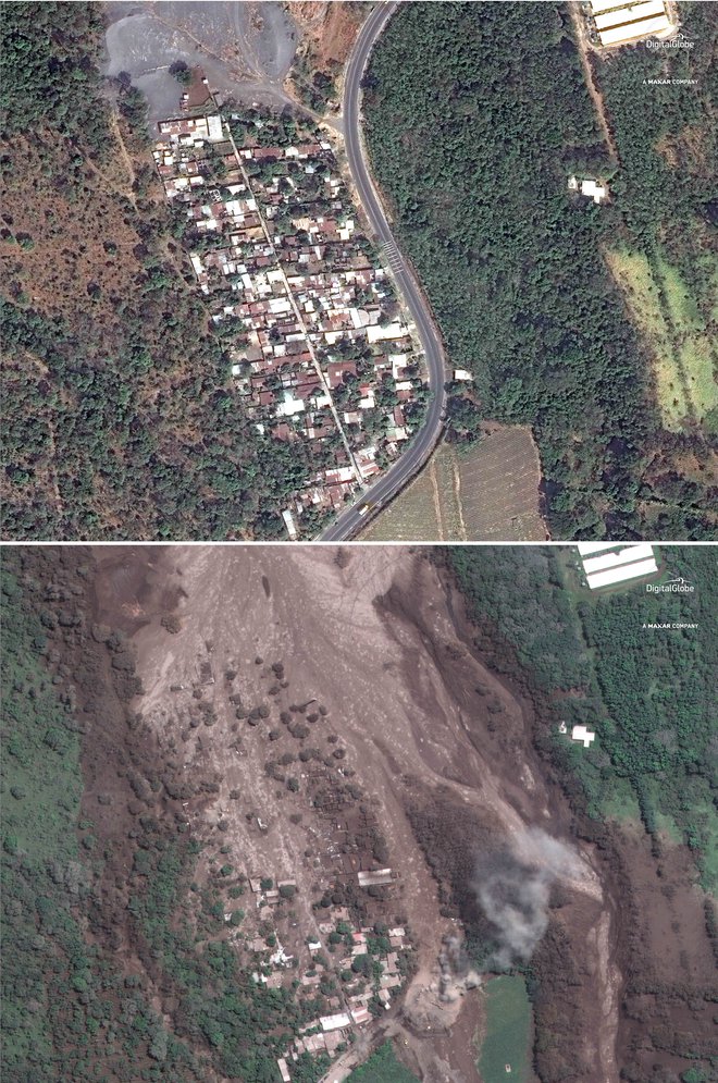 Satelitski posnetek prikazuje posledice izbruha vulkana v Gvatemali. FOTO: AP