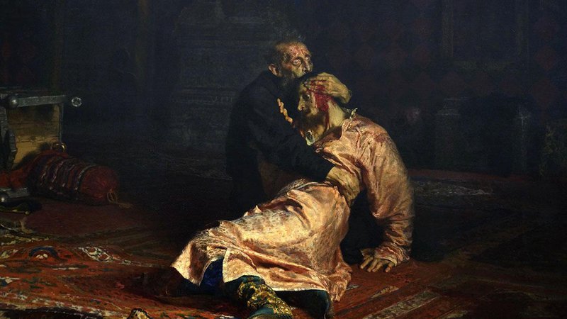 Fotografija: Ilja Repin: Ivan Grozni s sinom 16. novembra 1581. Slika prikazije historičen motiv kontroverznega ruskega carja z umirajočim sinom v naročju. Smrtno ranil ga je sam. FOTO: Wikipedia