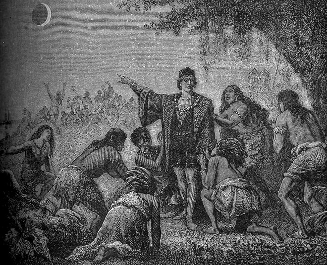 Upodobitev Krištofa Kolumba, kako je z napovedjo luninega mrka prestrašil prvotne prebivalce Jamajke. Avtor slike je francoski astronom Camille Flammarion. Foto Wikicommons
