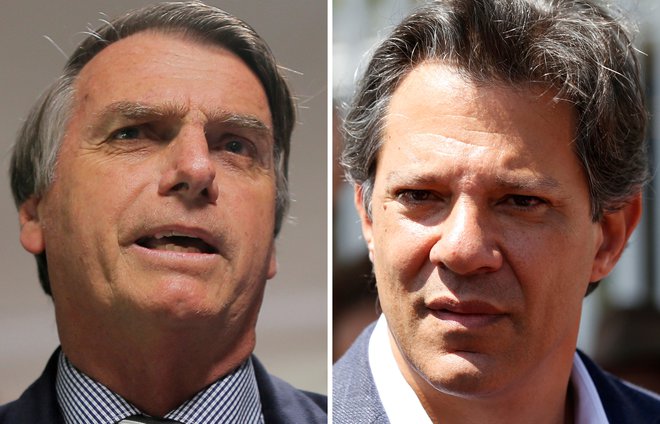 Jair Bolsonaro (L) in Fernando Haddad se bosta skoraj gotovo pomerila v drugem krogu predsedniških volitev. FOTO: Reuters