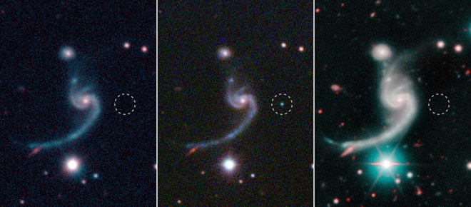 Na posnetkih je 920 milijonov svetlobnih let oddaljena spiralna galaksija IV Zw 155. Krožec na njenem obrobju označuje položaj supernove iPTF 14gqr: leva slika je bila posneta pred eksplozijo supernove, v kateri je nastala tesna dvojna nevtronska zvezda, srednja med eksplozijo in desna po njej. Foto Caltech