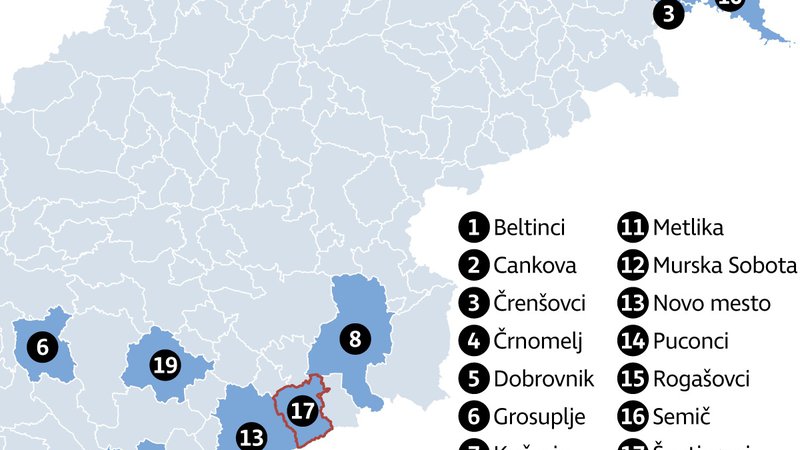 Fotografija: Zemljevid 20 občin, ki jim zakonodaja nalaga, da imajo v občinskih svetih tudi predstavnike romske skupnosti. Infografika: Delo