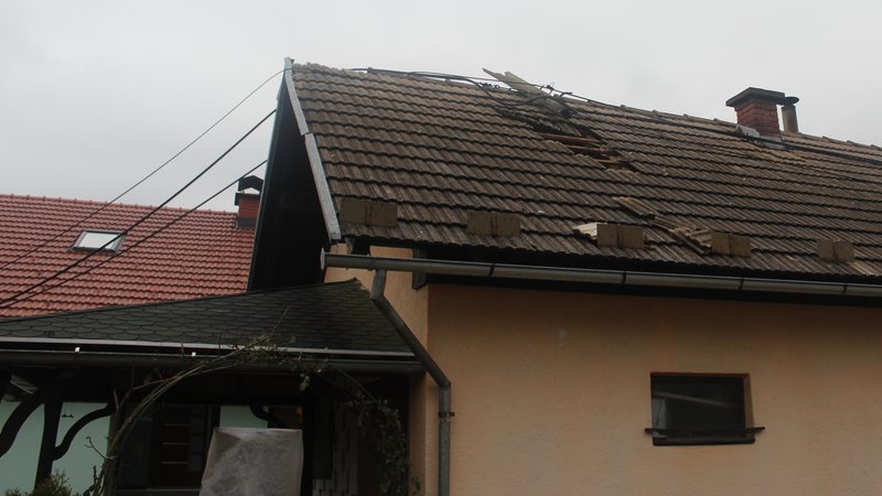 Fotografija: Voznik je potrgal kable in poškodoval strehi dveh hiš. FOTO: PU Novo mesto