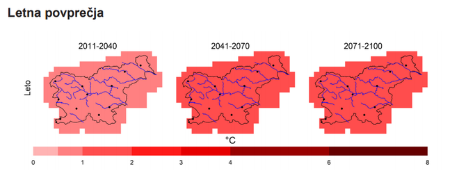 Zemljevid prikazuje spremembo povprečne letne temperature zraka v Sloveniji v treh zaporednih 30-letnih obdobjih. Prikazano je absolutno odstopanje temperature od povprečja v referenčnem obdobju 1981-2010. FOTO: Arso