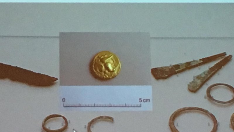 Fotografija: »Že zlatnik kot tak je v Sloveniji redka najdba. Kolikor vem, je to tretji zlatnik s slovenskih najdišč in, kot kaže, tudi najstarejši.« je poveadla Lucija Grahek z inštituta za arheologijo. Foto ZRC Sazu