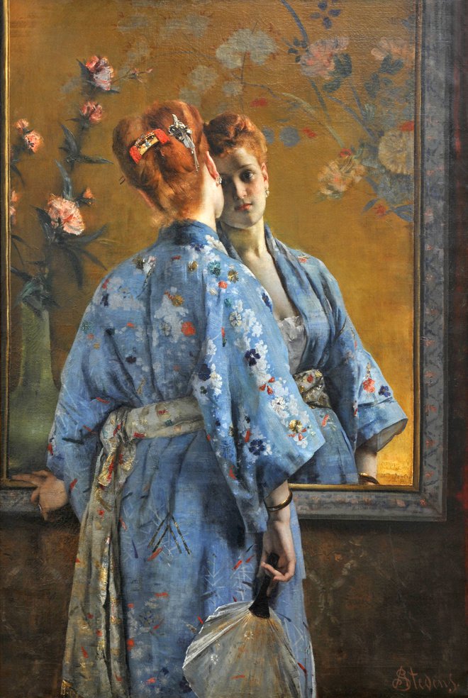 Alfred Stevens: Japonska Parižanka, olje na platnu<br />
(vsa platna so iz razstave v dunajskem Kunstforumu)
