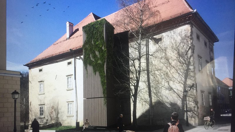 Fotografija: Projekcija dvigala, kakršno naj bi bilo na vzhodni fasadi Stare grofije. FOTO: arhiv arhitekt Nande Korpnik