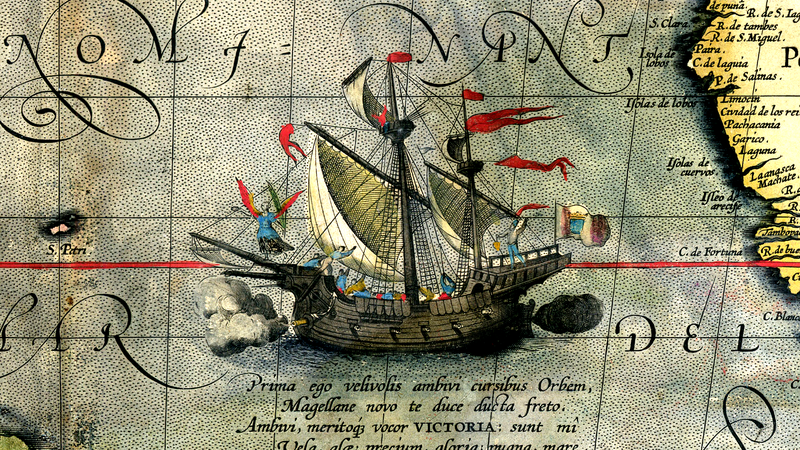Fotografija: Victoria je edina ladja iz Magellanove flote, ki je končala pot okoli sveta. Odsek slike je z zemljevida Orteliusa, 1590. FOTO: Wikipedija