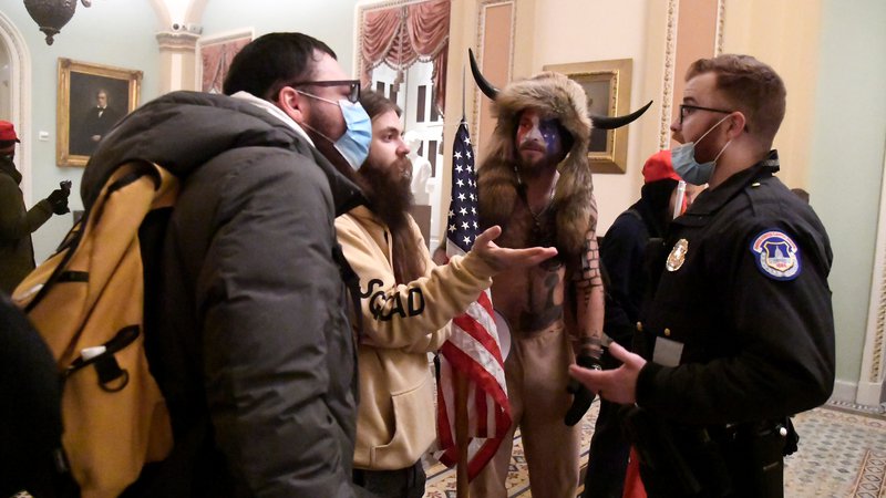 Fotografija: Največ pozornosti je pritegnil moški z razgaljenim tetoviranim oprsjem, pobarvanim obrazom, krzneno kučmo z rogovi na glavi ter drogom z ameriško zastavo. Fotografiji Mike Theiler/Reuters