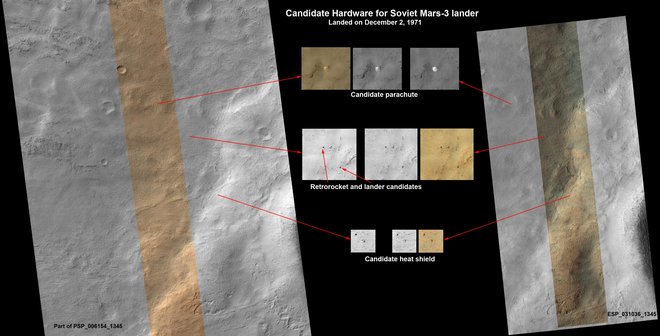 Satelit Hirise je pred leti posnel območje, na katerem so morda razvidni deli pristajalnika Mars 3. FOTO: NASA/JPL-Caltech/Univ. of Arizona 