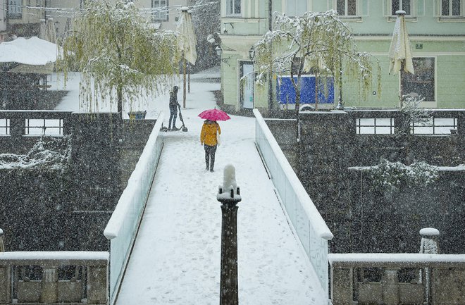 Aprilski sneg v Ljubljani. FOTO: Jože Suhadolnik
