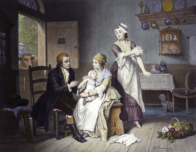 Pionir cepljenja, angleški zdravnik Edward Jenner, pri cepljenju proti črnim kozam. FOTO: Wellcome Library, London