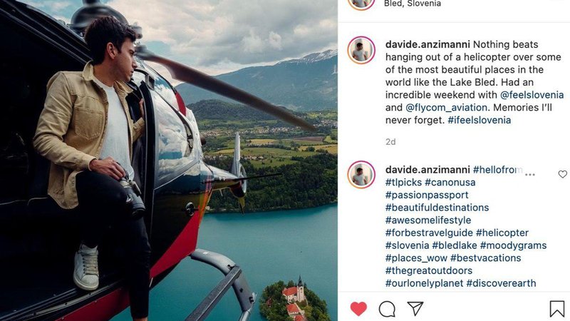 Fotografija: V zahvalo za izjemen dosežek in pomoč pri promociji slovenskega turizma smo Anzimannija povabili, da Slovenijo ponovno obišče. FOTO: Instagram Davide Anzimanni
