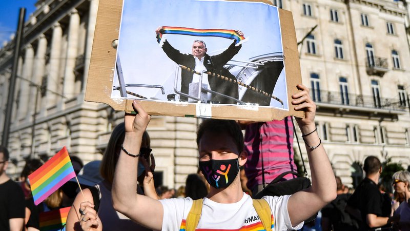 Fotografija: Protestniki so nosili tudi plakate, na katerih Viktor Orban dviga mavrični šal. FOTO: Gergely Besenyei/AFP