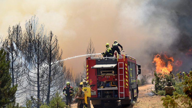 Fotografija: Slovenski gasilci pri gašenju gozdnega požara v vasi Budinarci blizu Berova. FOTO: Arbnora Memeti/AFP