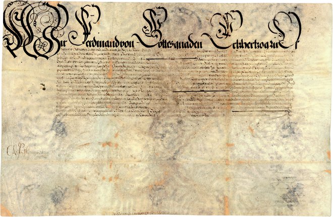 Listina nadvojvode Ferdinanda iz maja 1597, s katero je potrdil pravice teharskih žlahtnikov (kosezov), ki so jim jih podelili grofje Celjski in njihovi predniki. Naroča vsem, naj jih pri teh privilegijih in pravicah podpirajo in ne dopustijo nikomur, da bi jih kratil.<br />
FOTO: Zgodovinski arhiv Celje