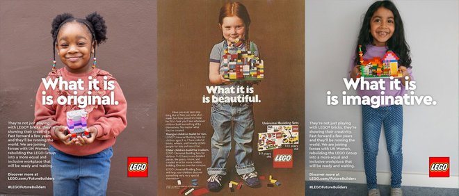 Ob letošnjem mednarodnem dnevu žensk, 8. marca, je Lego oglas iz leta 1981 (v sredini) dopolnil še z dvema, da bi izkazal podporo prihodnjim graditeljicam sveta. FOTO: Promocijsko gradivo