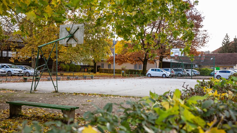Fotografija: Park na Vodmatu je zapuščen, okrog košarkarskega igrišča so parkirani avtomobili. FOTO: Črt Piksi
