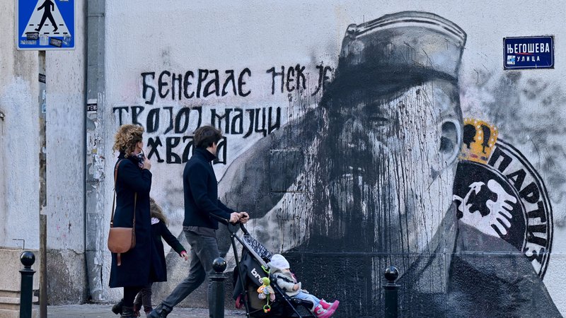 Fotografija: Mural Ratka Mladića v Beogradu. FOTO: Andrej Isaković/AFP
