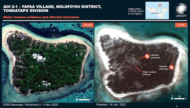 Primerjava pred in po katastrofi v Kolofo'ou v Tongi. FOTO: AFP

