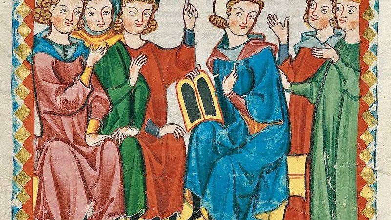 Fotografija: Podoba Gottfrieda (desno v sredini) na ilustraciji iz kodeksa Manesse, oziroma Velike heilderberške pesmarice minezengerjev, nemških srednjeveških ljubezenskih pesnikov. Foto Univerza V Heidelbergu
