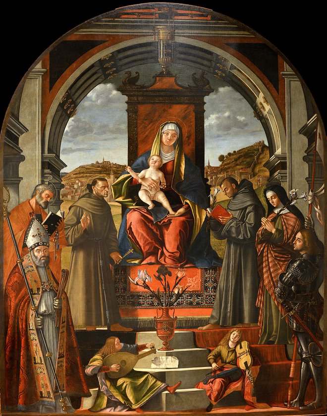 Vittore Carpaccio: Marija z otrokom in svetniki, 1518, olje, platno 210 X 280 cm, iz piranske cerkve sv. Frančiška

Foto Ubald Trnkoczy
