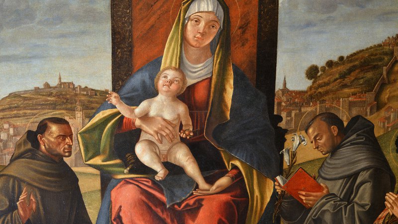 Fotografija: Vittore Carpaccio: Marija z otrokom in svetniki, 1518, olje, platno 210 X 280 cm, iz piranske cerkve sv. Frančiška; detajl z dobro vidnim piranskim obzidjem Foto Ubald Trnkoczy
