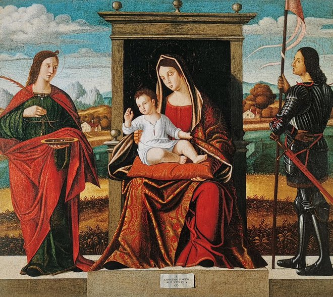 Benedetto Carpaccio: Marija na prestolu z otrokom med sv. Jurijem in sv. Lucijo, 1541, olje, platno, 122 X 140 cm, iz cerkve sv. Lucije v Luciji, vendar odnesena iz piranske občinske palače Fotografiji Boris Šuligoj
