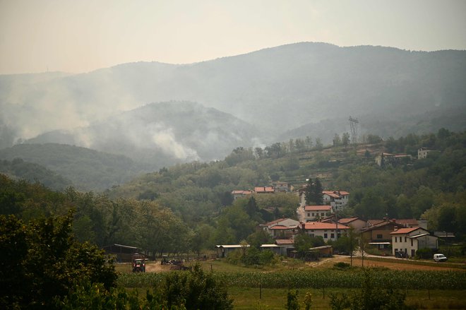 Dim se dviga nad gorečim gozdom v bližini vasi Renče. FOTO: Jure Makovec/AFP
