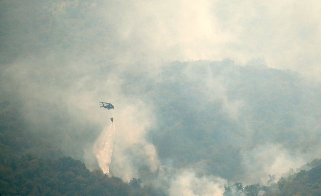 Helikopter gasi gozdni požar v bližini vasi Renče. FOTO: Jure Makovec/AFP
