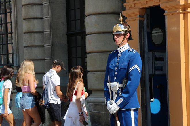 Častna straža pred kraljevo palačo, ki jo oblegajo turisti. FOTO: Jože Pojbič
