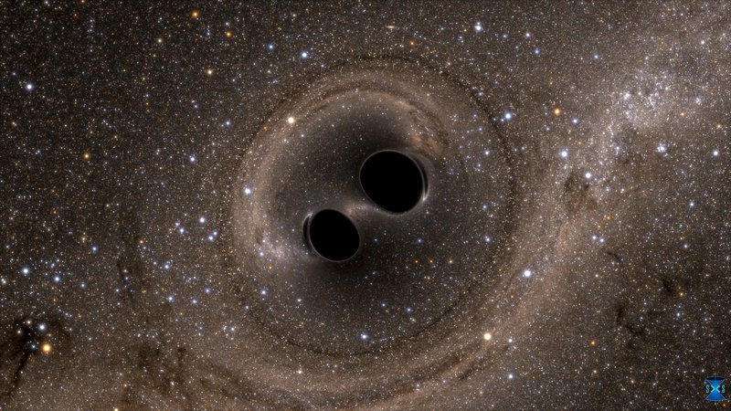 Fotografija: Zlitje dveh črnih lukenj skozi prostor-čas ponesejo gravitacijski valovi, ki jih je človeštvo prvič zaznalo septembra leta 2015. To valovanje je napovedal Albert Einstein. Foto Simulating eXtreme Spacetimes/Reuters
