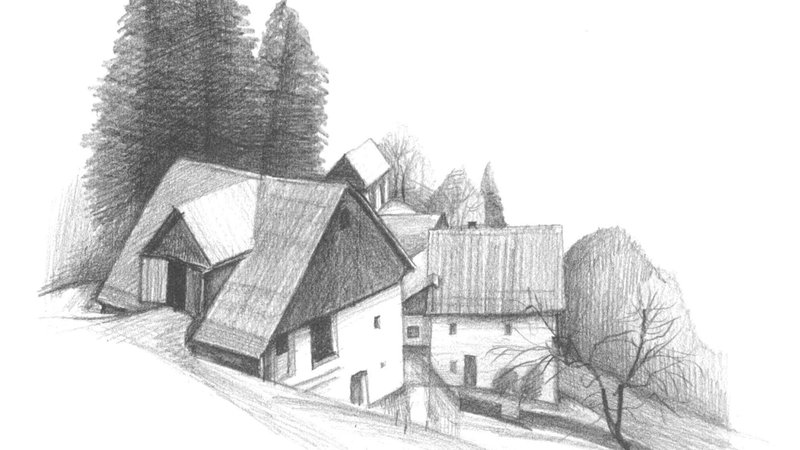 Fotografija: Klanec do doma 2 je zbirka 600 risb kmečkih hiš in 302 zgodb Rafaela Terpina. Na fotografiji upodobitev Na Vrtači, Reka 16 (1993).
