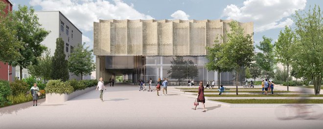 Nova idejna zasnova kulturnega centra tik ob srednji gostinski šoli. Pogled z obale. Fotografije Ark Arhitektura Krušec
