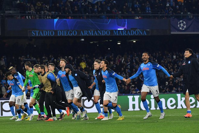 Napoli je spisal zgodovino s prvo uvrstitvijo v četrtfinale lige prvakov. FOTO:Tiziana Fabi/AFP

