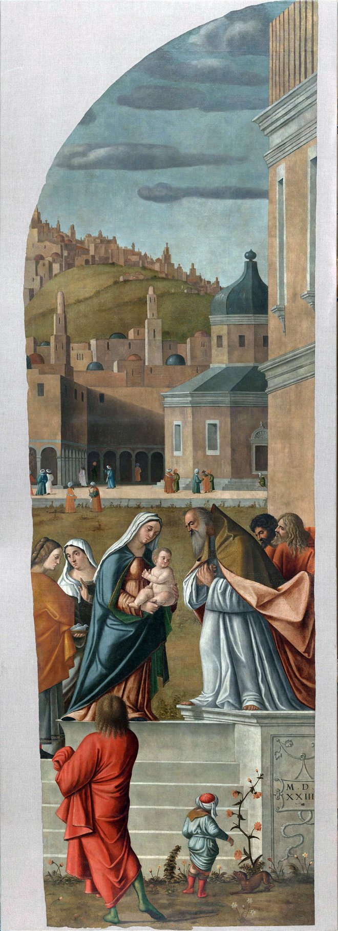 Predstavitev v templju (1523, letnica zapisana na platnu), olje in tempera na platnu, 421 X 126 cm. Cerkev Marijinega vnebovzetja v Kopru Foto Restavratorski center ZVKDS