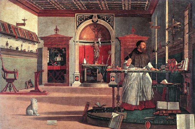 Sveti Avguštin v studiu (1502), olje in tempera na platnu. Iz cikla bratovščine (scuole) Dalmata sv. Jurija in sv. Trifona. Foto Wikipedija