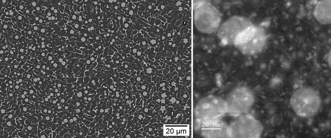 Mikroposnetka, narejena z elektronsko vrstično mikroskopijo SEM in presevno elektronsko mikroskopijo TEM, prikazujeta kvazikristalne delce v zlitini, razviti v začetni fazi raziskav (levo), in v novi patentirani zlitini z izboljšanimi lastnostmi (desno). FOTO: arhiv UM

 