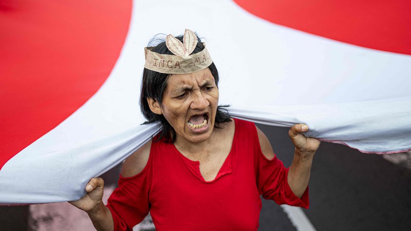 Fotografija: Ženska kriči slogane med protestom proti vSecunderabadladi perujske predsednice Dine Boluarte v Limi. Na tisoče demonstrantov je v četrtek v Peruju zahtevalo odstop predsednice Dine Boluarte ob prvem letu od njenega prihoda na oblast po odstavitvi levičarja Pedra Castilla zaradi neuspešnega poskusa razpustitve kongresa. Foto: Ernesto Benavides/Afp