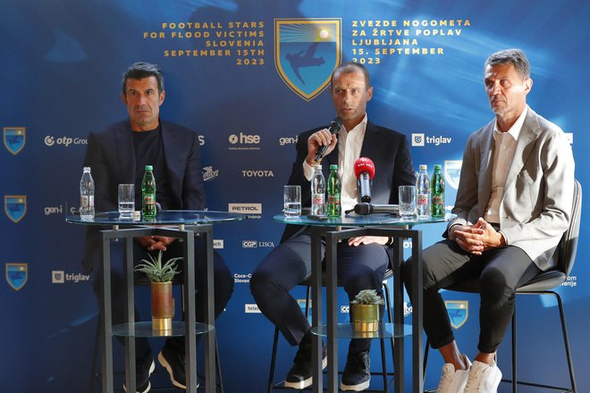 Luis Figo, Aleksander Čeferin in Paolo Maldini pred lansko dobrodelno tekmo v Stožicah. FOTO: Leon Vidic