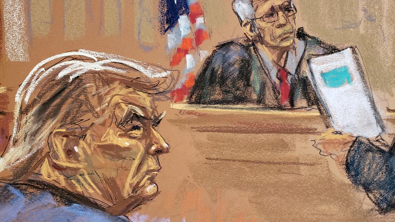 Fotografija: Prejšnji predsednik Donald Trump na sodni skici. FOTO: Jane Rosenberg/Reuters