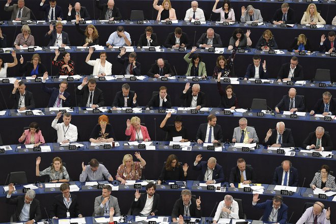 Glasovanje med plenarnim zasedanjem evropskega parlamenta v Strasbourgu. FOTO: Frederick Florin/AFP