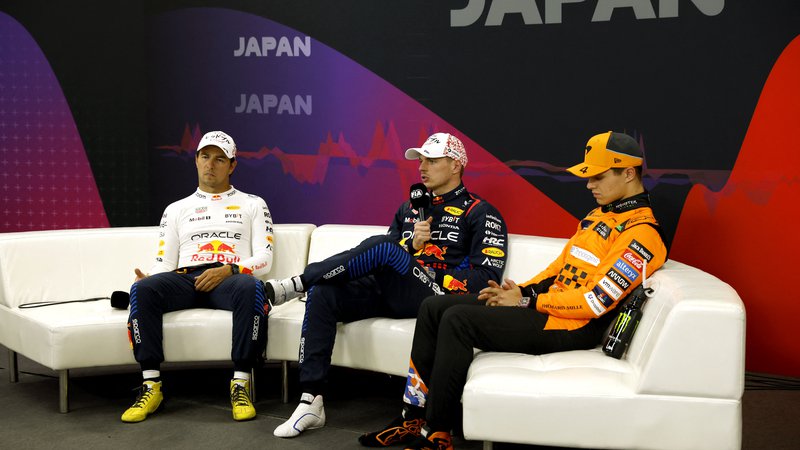 Fotografija: Max Verstappen, Sergio Perez in Lando Norris. FOTO: Androniki Christodoulou/Reuters