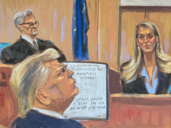 Trump, ki so ga prej sumili kinkanja na procesu, je tokrat pozorno spremljal pričanje. Foto Jane Rosenberg/Reuters