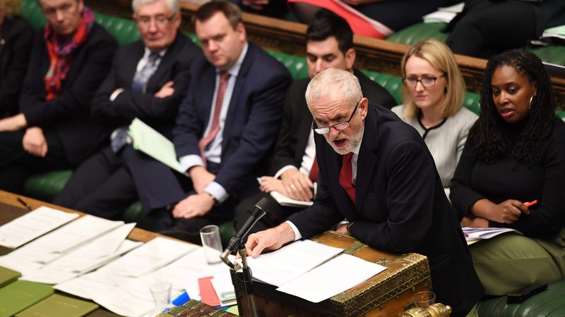 Fotografija: Vodja opozicije Jeremy Corbyn med razpravo o predlogu zakonodaje o uveljavitvi ločitvenega sporazuma FOTO: Jessica Taylor/AFP