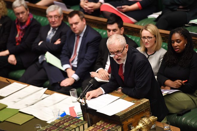 Vodja opozicije Jeremy Corbyn med razpravo o predlogu zakonodaje o uveljavitvi ločitvenega sporazuma FOTO: Jessica Taylor/AFP